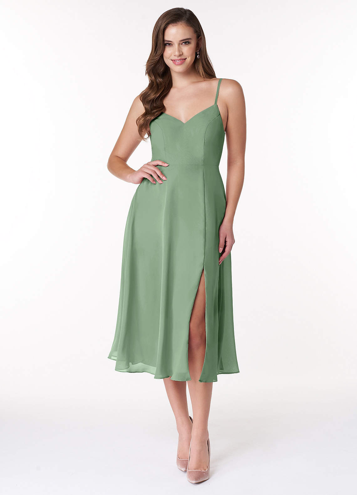 Azazie Clarissa Bridesmaid Dresses Matcha A-Line V-Neck Chiffon Dress image1