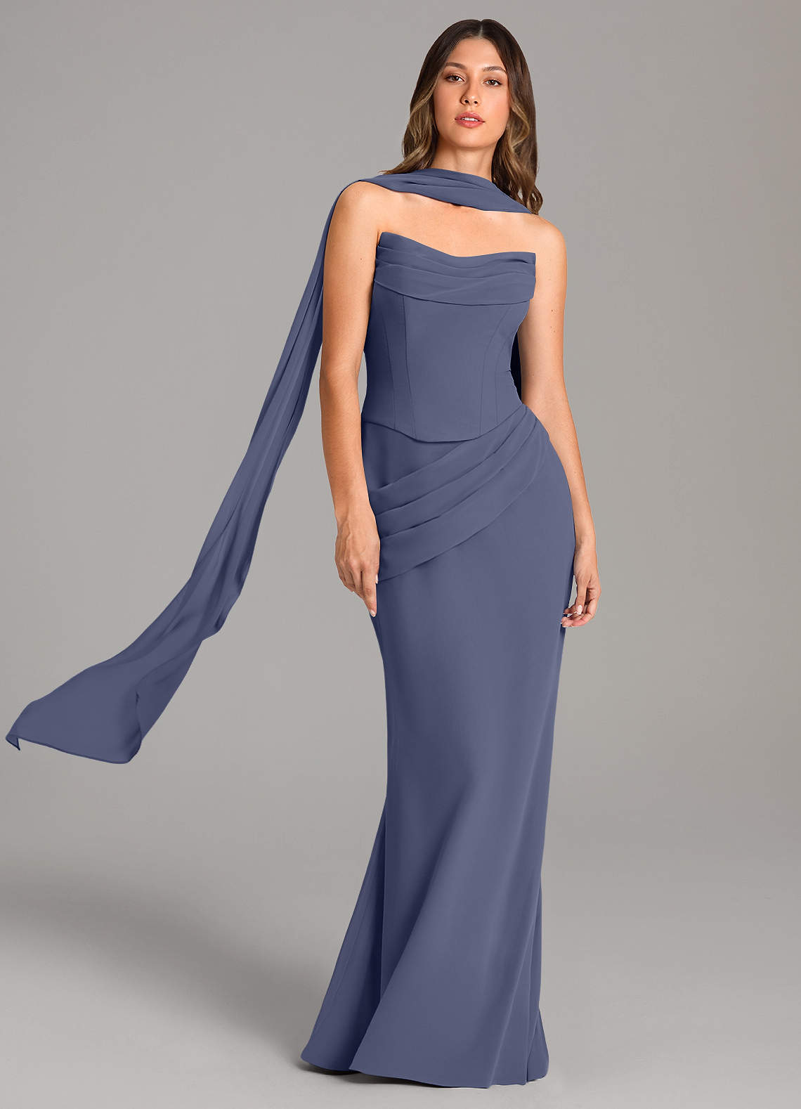 Azazie Sorrel Robes de demoiselle d'honneur Robe Sirène en Mousseline de soie Corset Bleu Orageux image1