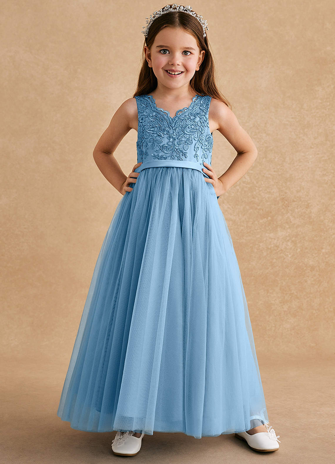 Azazie Cinna Steel Blue A-Line Lace Tulle Dress Azazie CA