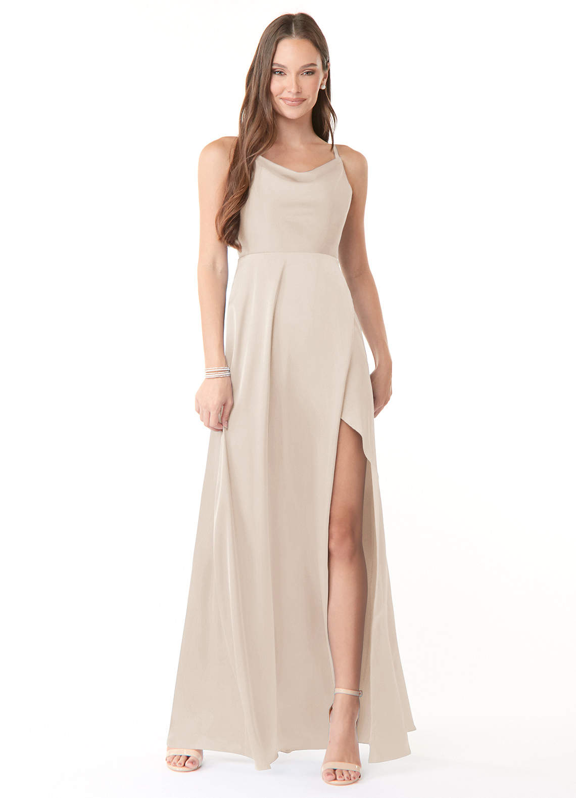 Azazie Naomie Brudtärnklänningar Klänning av A-Linje i Stretch Satin Sidoskärning med kolsvart halsringning Vit Alabaster image1