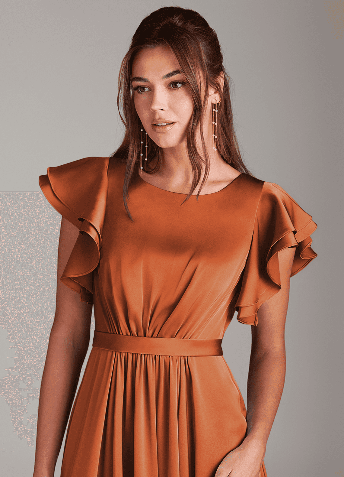 Azazie Daphne At-home Try On Dresses A-Line Ruched Stretch Satin Floor-Length Dress image3