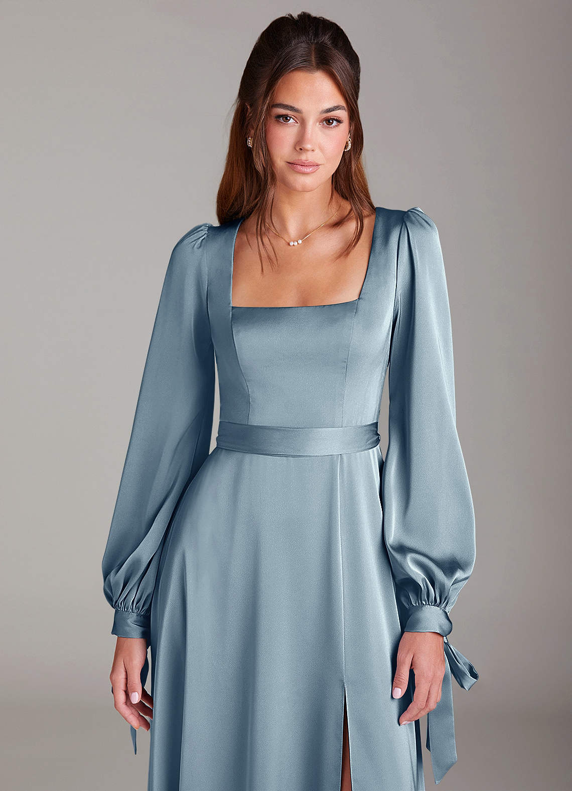 Azazie Leonia Suknie dla druhen Linia A Długi rękaw Satyna elastyczna Do ziemi Sukienka image5