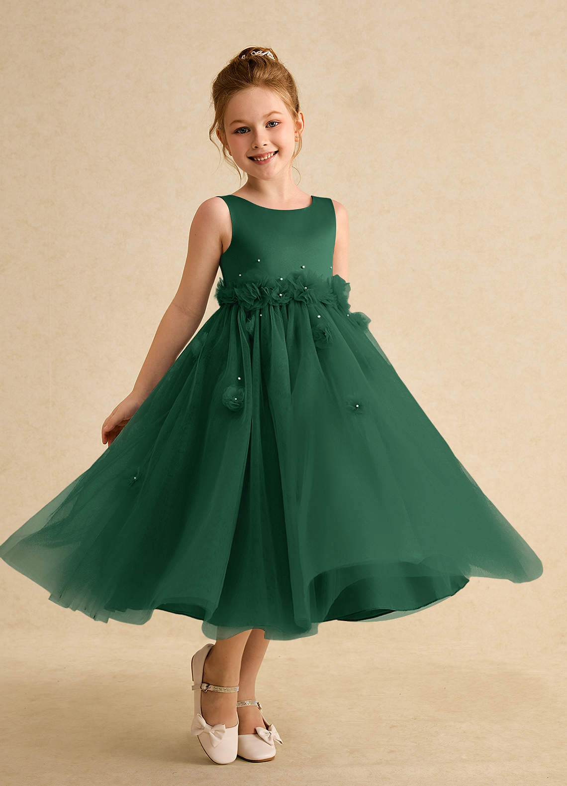 Azazie Lux Flower Girl Dresses Dark Green A-Line Beaded Tulle Dress image1