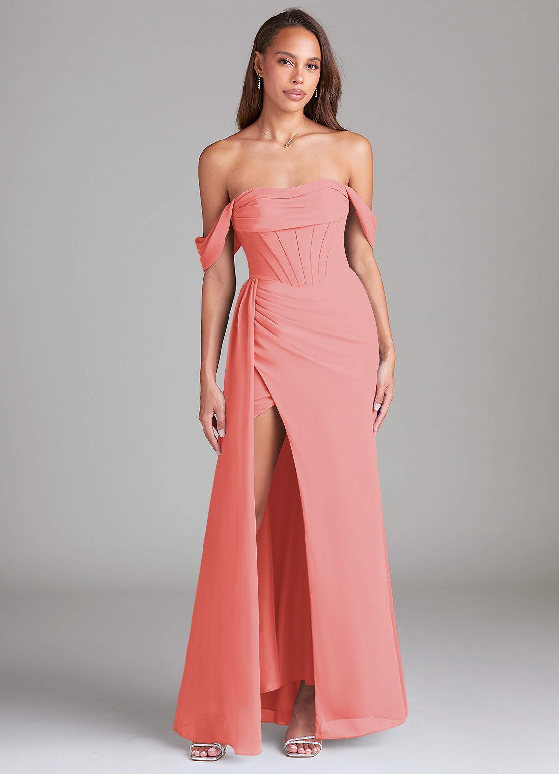 Azazie Amyra Bridesmaid Dresses Coral Sheath Off the Shoulder Chiffon Convertible Dress image1