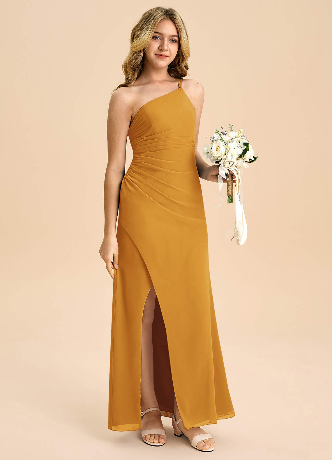 Azazie Eren Junior Vestido Caramelo de Chiffon de Linha A com Plissado image2