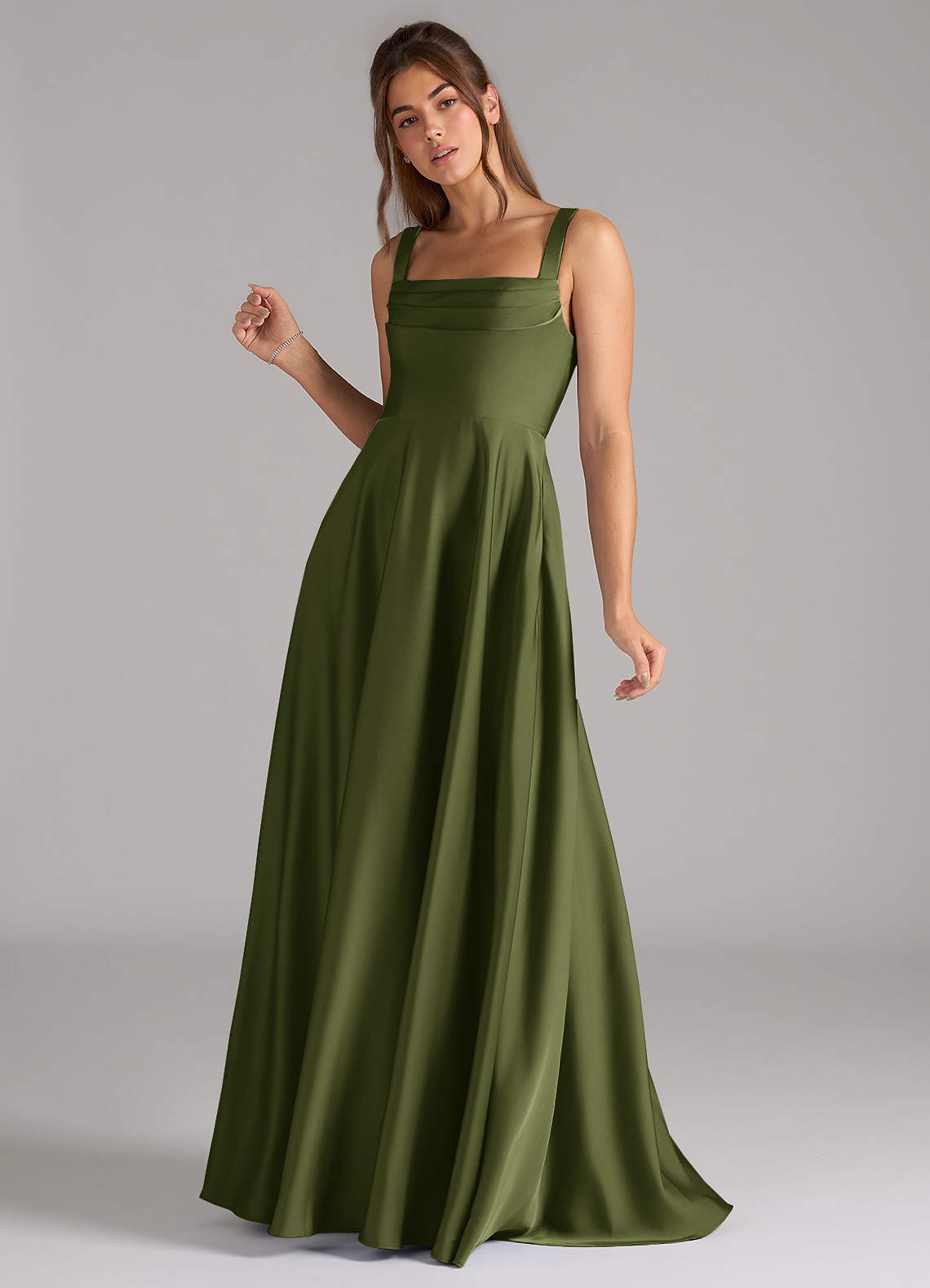 Azazie Shaude Bridesmaid Dresses Olive A-Line Pleated Stretch Satin Dress image4