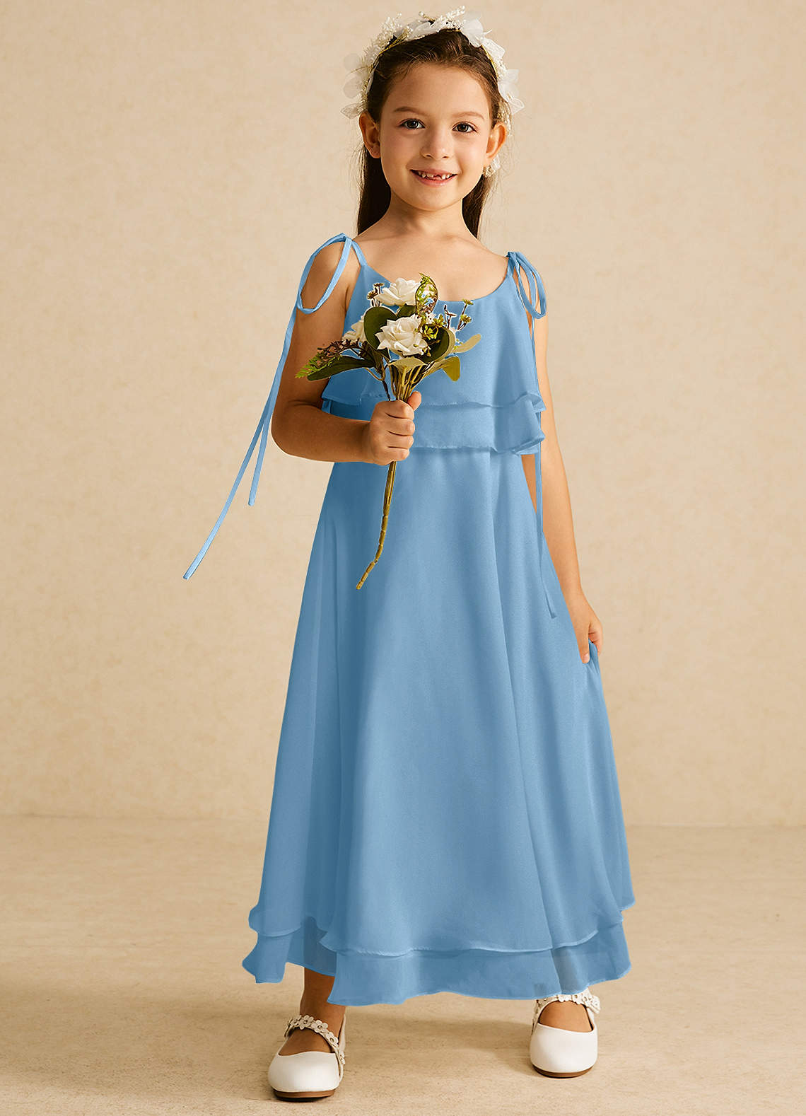 Azazie Temi Flower Girl Dresses Steel Blue A-Line Spaghetti Strap Chiffon Dress image1