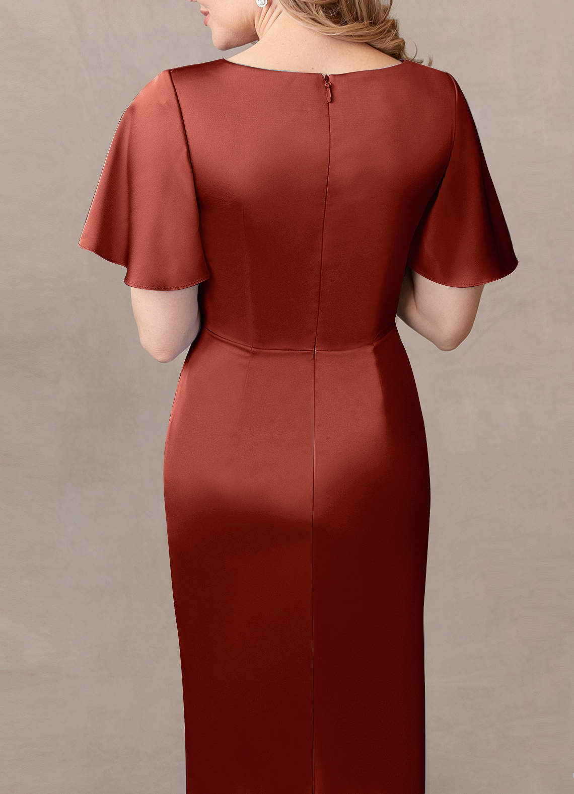 Azazie Everlyn Terracotta Sheath Pleated Stretch Satin Dress