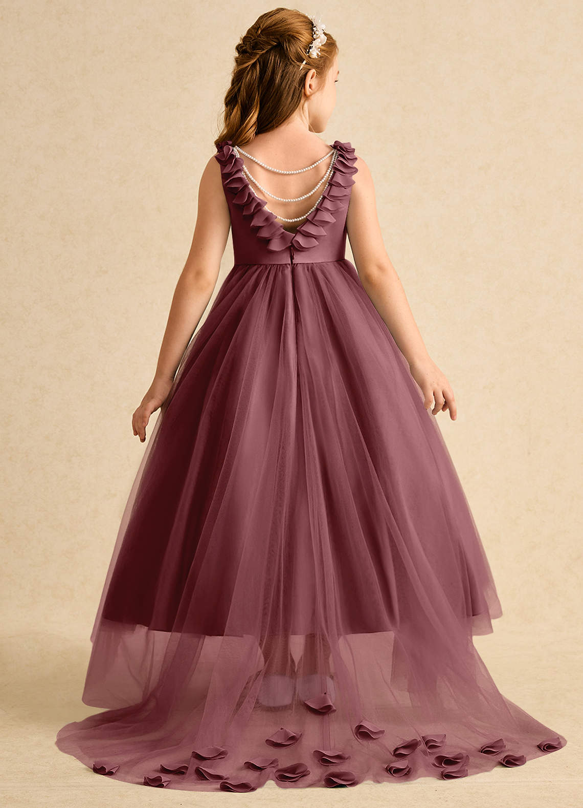 Azazie Lorita Flower Girl Dresses Desert Rose A-Line Beaded Tulle Dress image1