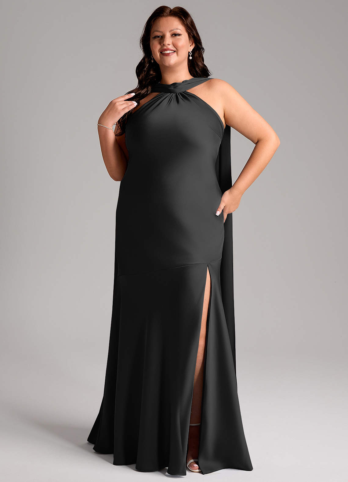 Azazie Kinsley Bridesmaid Dresses Black Mermaid Side Slit Stretch Satin Dress image10