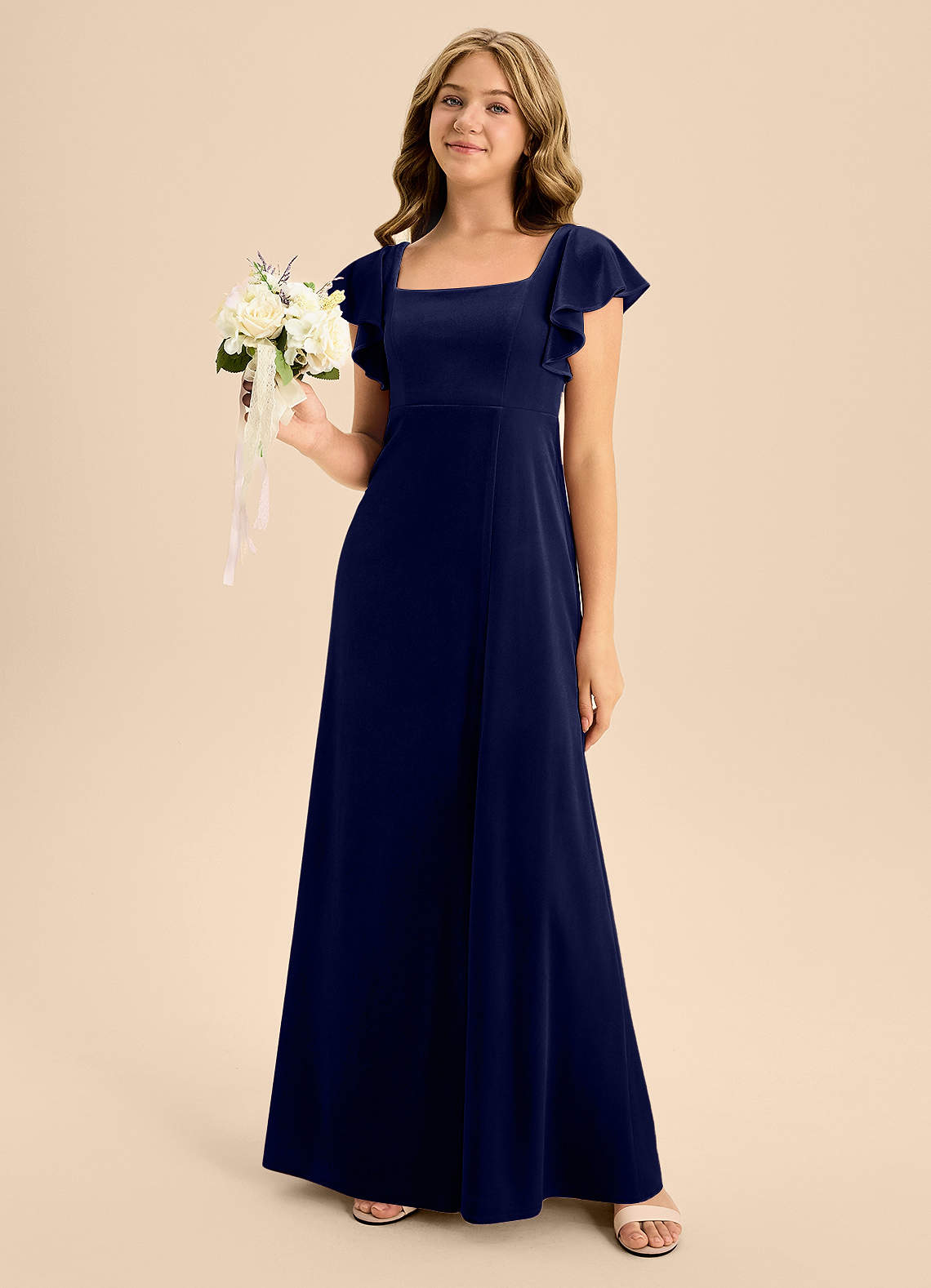Azazie Bondi Junior Dark Navy A-Line Bow Velvet Dress image1