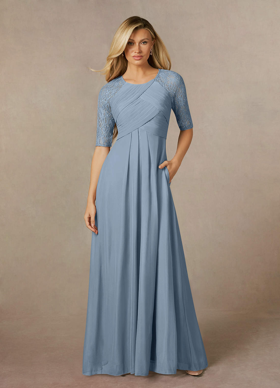 Azazie Raelyn Mother of the Bride Dresses Dusty Blue A-Line Lace Mesh Dress image1