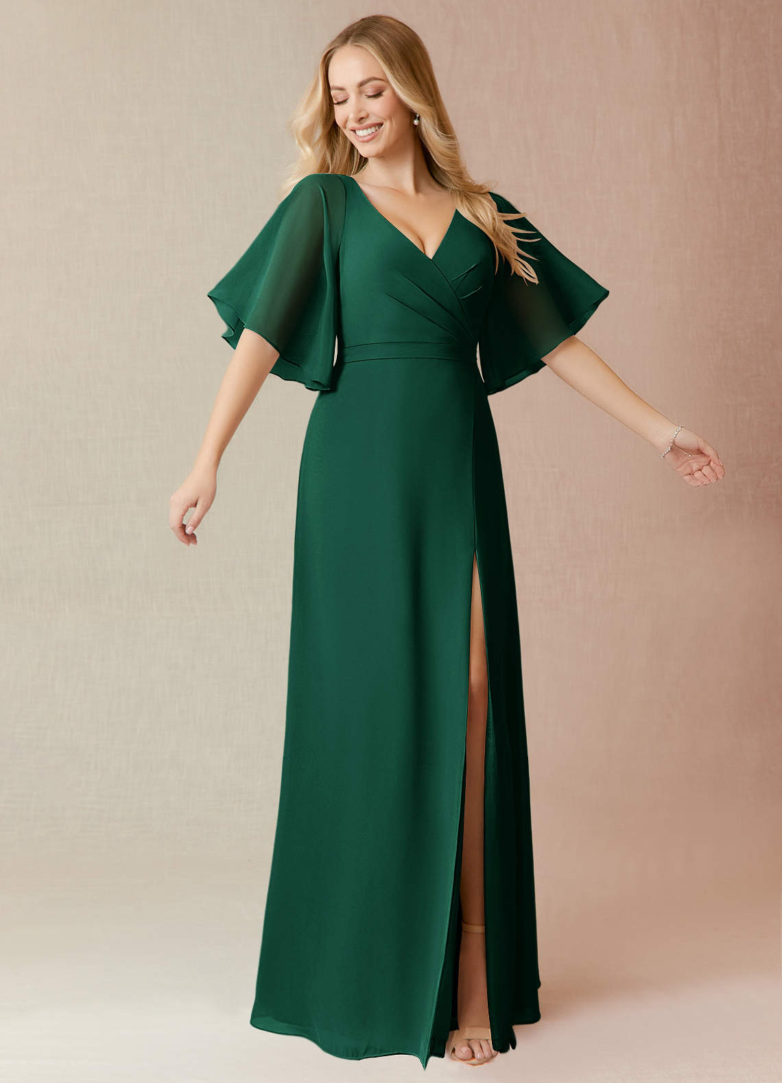 Azazie Cierra Bridesmaid Dresses Emerald A-Line V-Neck Chiffon Dress image1