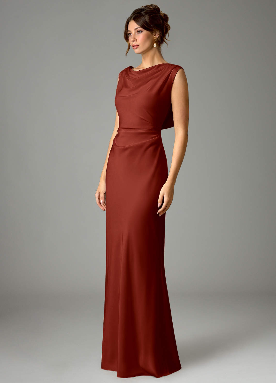 Azazie Kieryn Robes de demoiselle d'honneur Robe Sirène en Satin extensible Plissée Terracotta image4