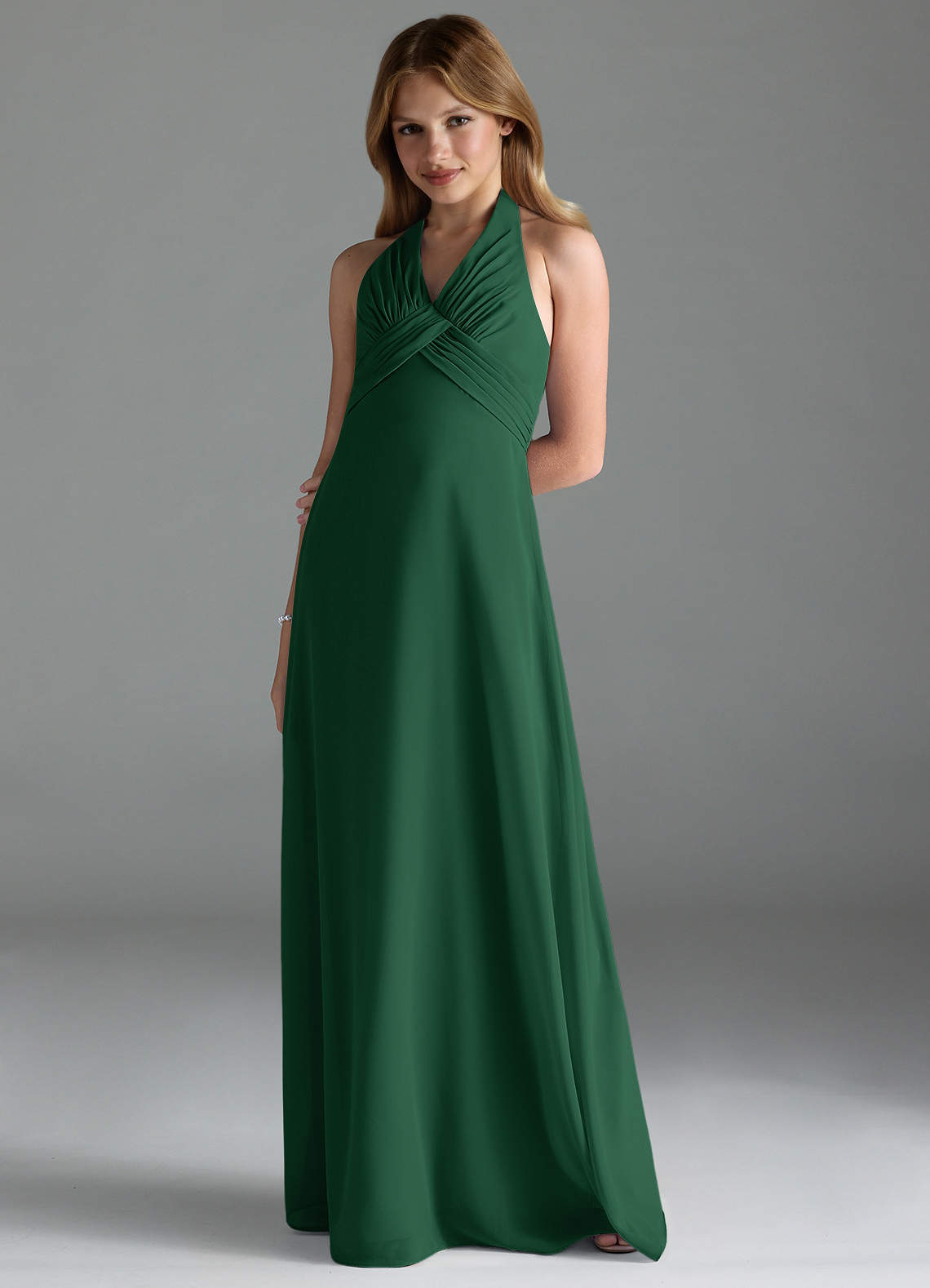 Azazie Tessie Junior Abito A-Line in Chiffon Plissettato Verde Scuro image1