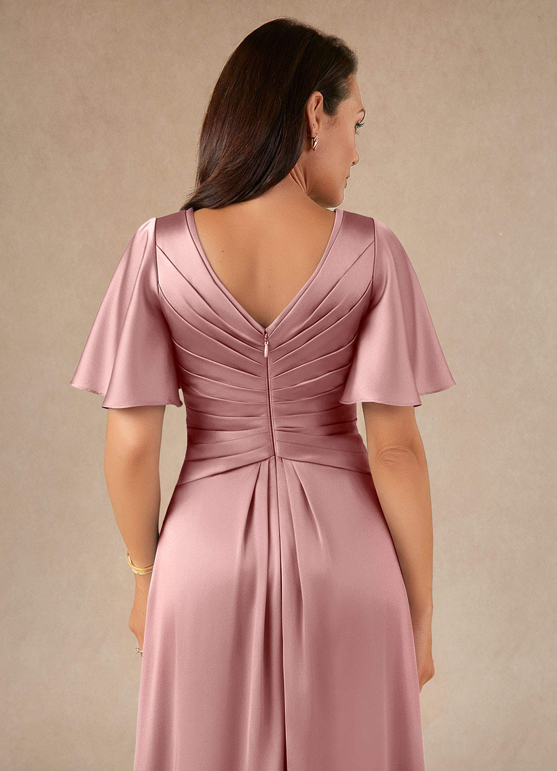 Azazie Emmeline Mother of the Bride Dresses Dusty Rose A-Line Pleated Stretch Satin Dress image3