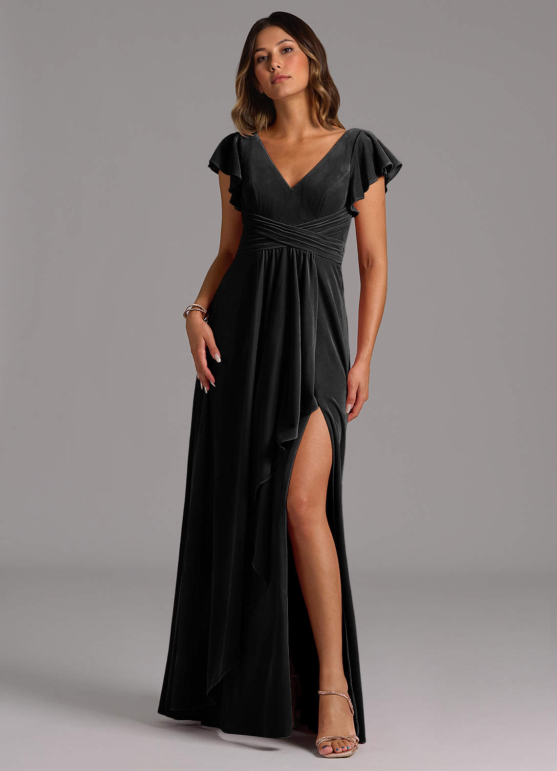black a line velvet dress Azazie Brooke