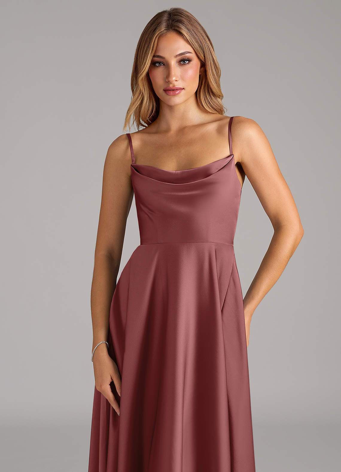 Azazie Elle Bridesmaid Dresses Amethyst A-Line Pleated Stretch Satin Dress image1