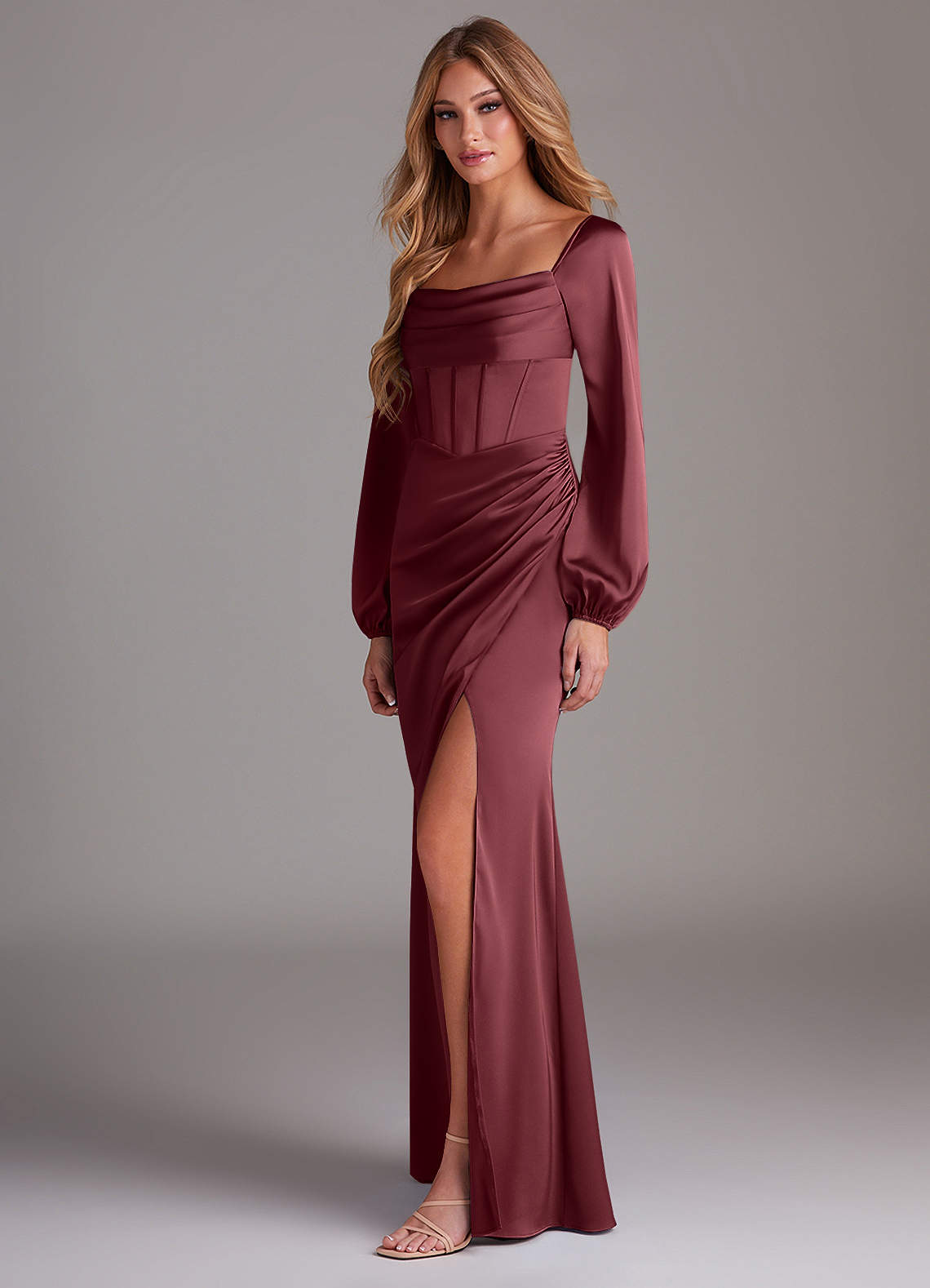 merlot bridesmaid dresses with sleeves TH&TH Camilla Long Sleeve Velvet Bridesmaid Dress In Merlot main image 1