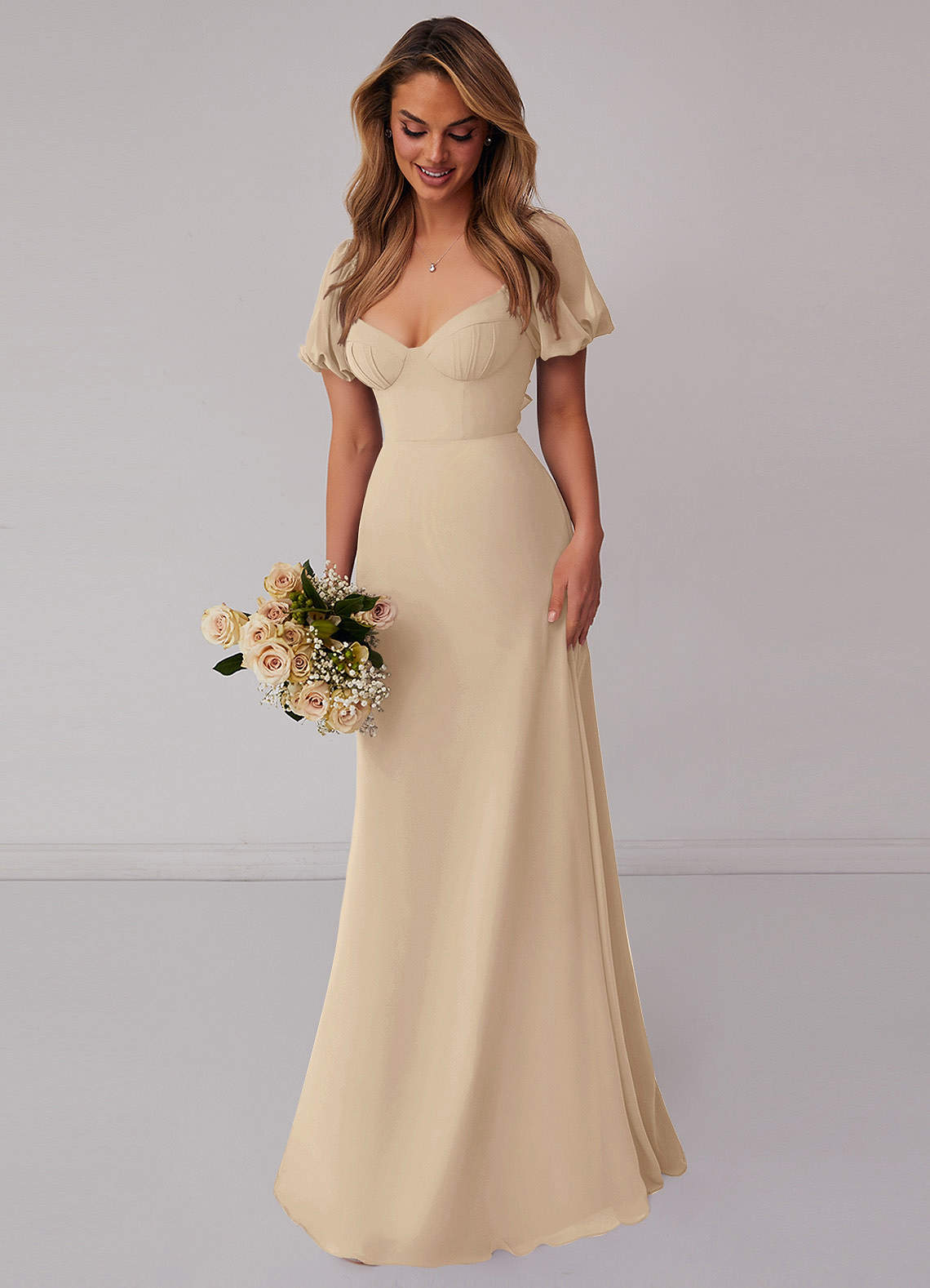 Barbie ♥ Azazie Bridesmaid Dresses Champagne A-Line Pleated Chiffon Dress image5