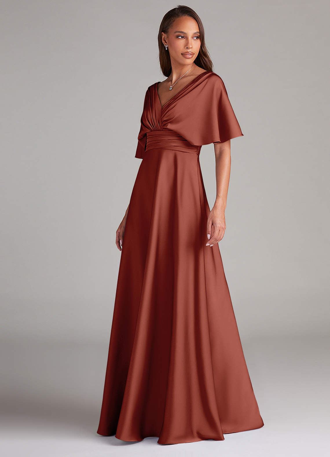 Azazie Pamela Robes de demoiselle d'honneur Robe Trapèze en Satin extensible Plissée Auburn image3