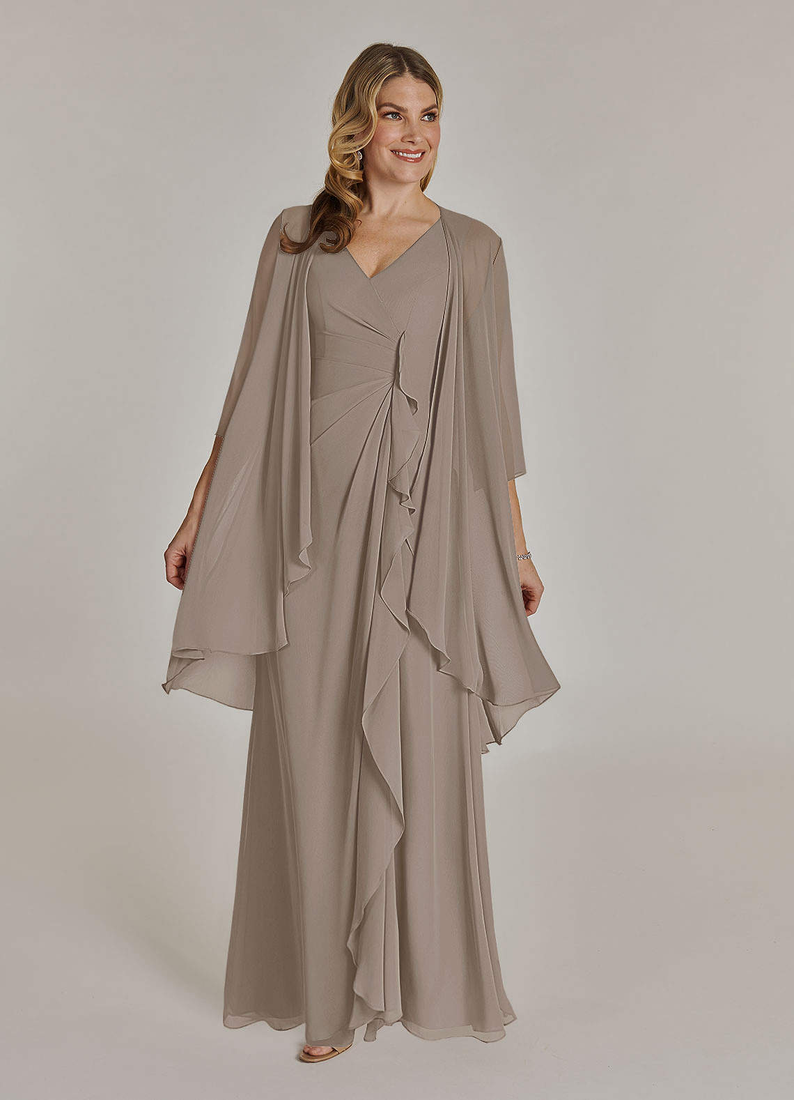 Azazie Manuella Mother of the Bride Dresses Taupe A-Line V-Neck Pleated Chiffon Dress image1