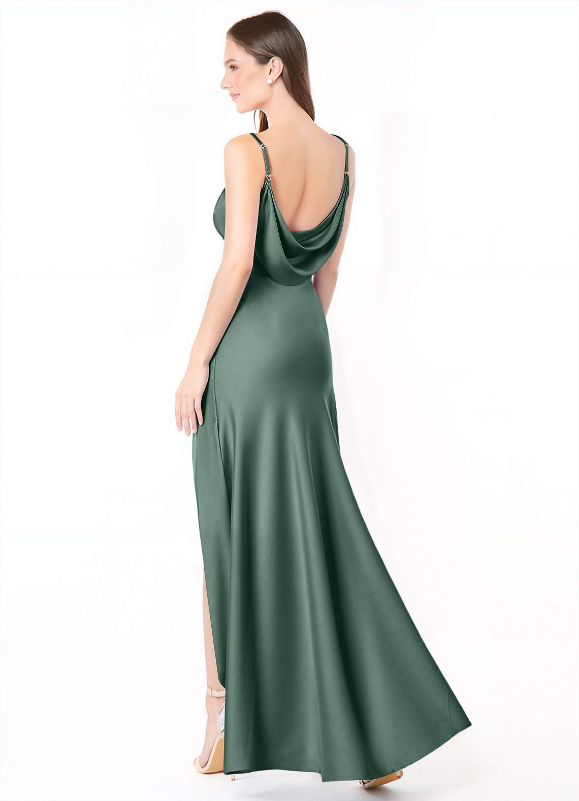Azazie Alaija Robes de demoiselle d'honneur Robe Sirène en Satin extensible Fente Latérale Eucalyptus image1