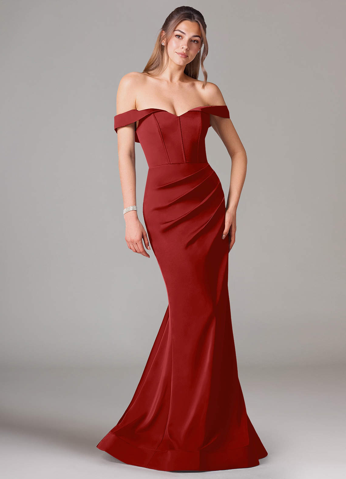 Azazie Everly Bridesmaid Dresses Pomegranate Mermaid Off the Shoulder Stretch Satin Convertible Dress image1