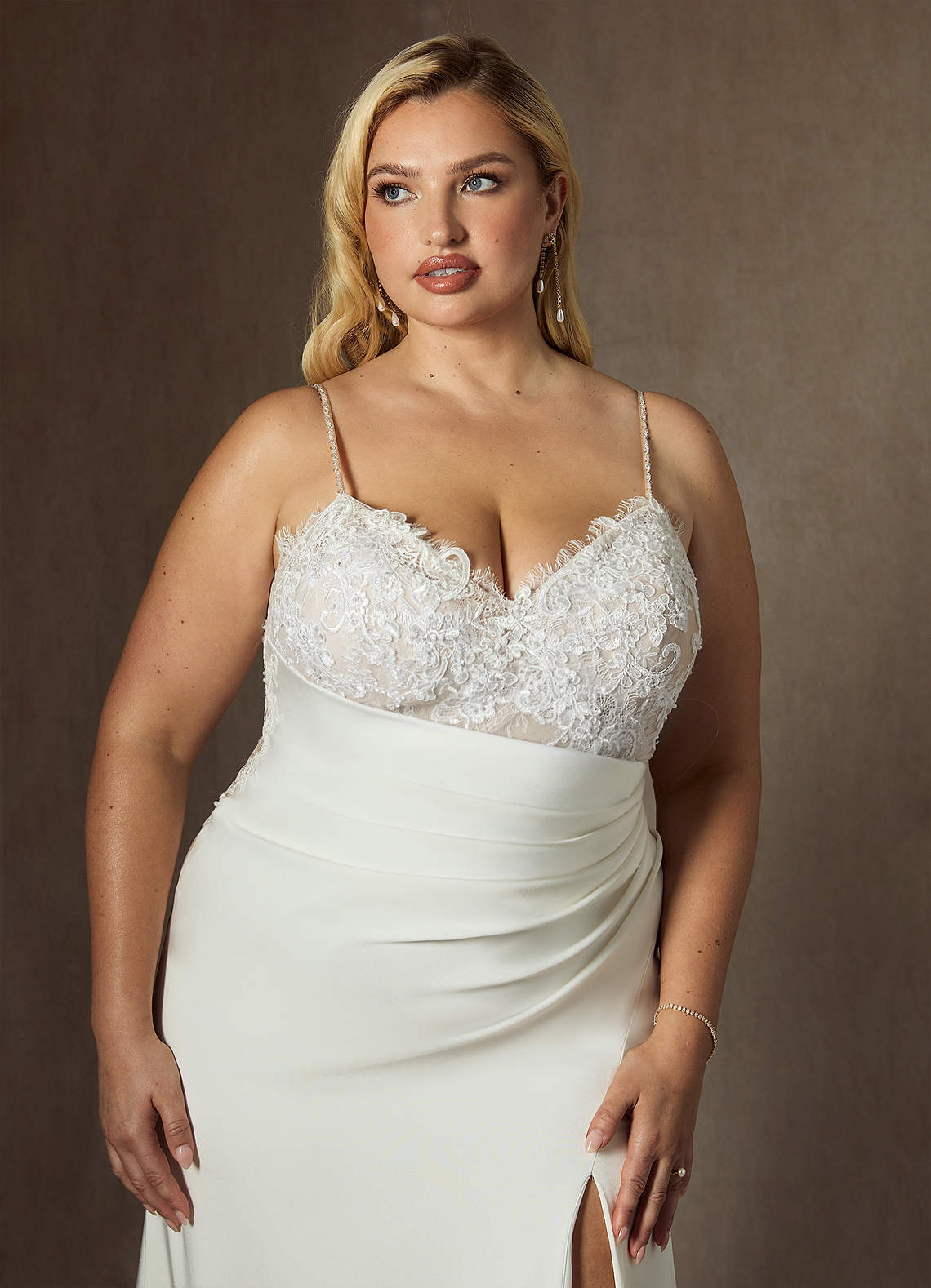 Azazie Nyx Wedding Dresses Diamond White Mermaid V-Neck Sequins Stretch Satin Dress image11