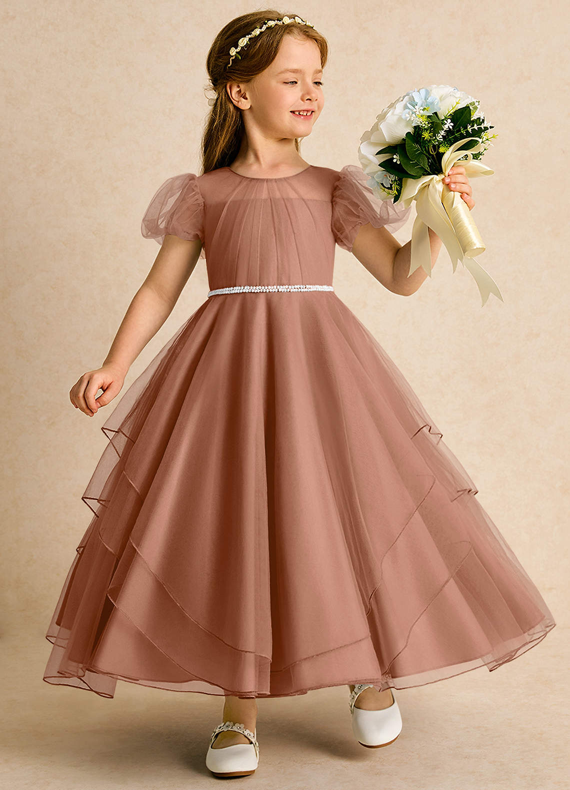 Azazie Duckie Abiti da Ragazza di Fiori Abito Principessa in Tulle Plissettato Bronzo image1