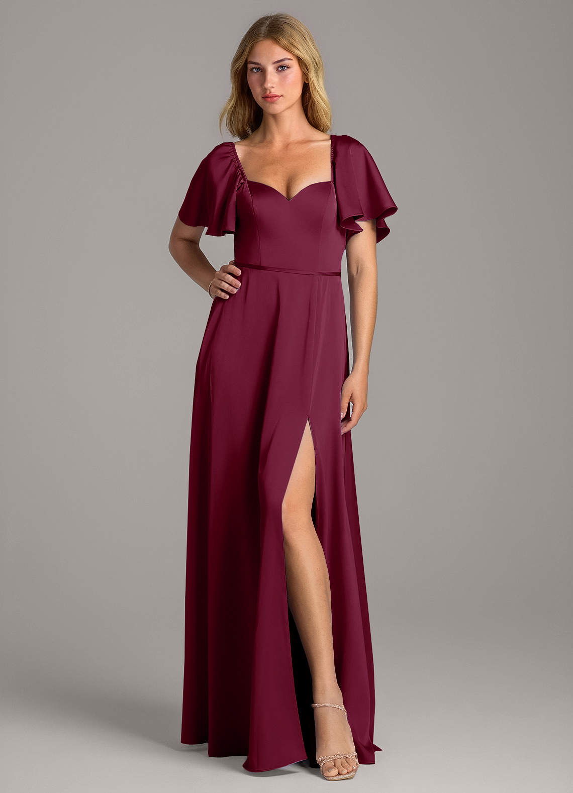 Azazie Chloe Brautjungfernkleider A-Linie Herzausschnitt Stretch-Satin Kleid Maulbeerrot image1