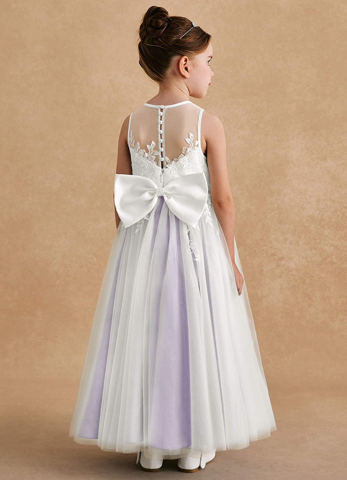 Azazie Bitsy Robe Demoiselle D'honneur Fillette Robe Trapèze en Tulle Dentelle Ivoire Lilas image1