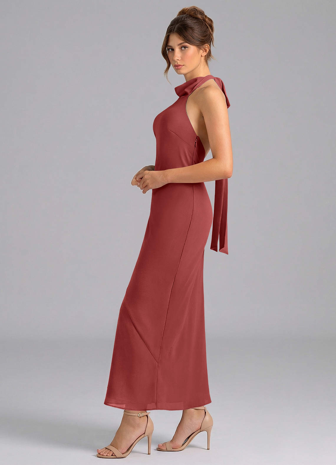 terracotta chiffon bridesmaid dress Azazie Velli Terracotta color