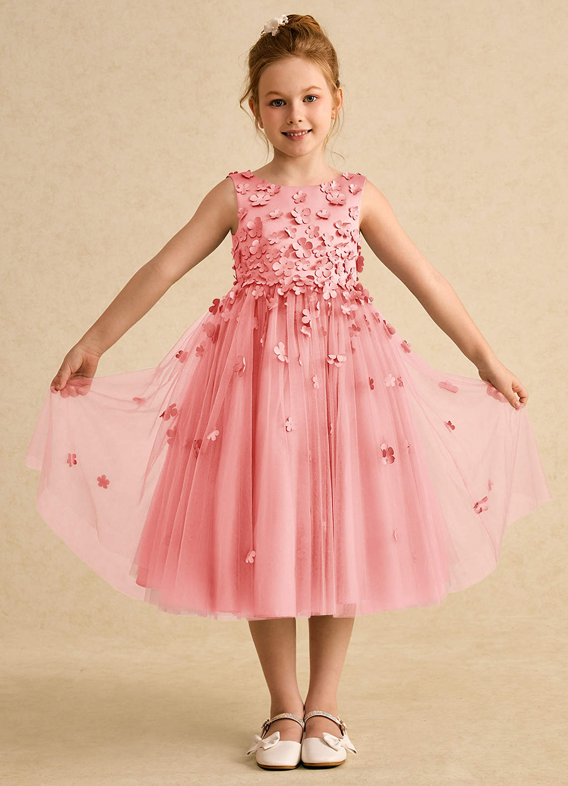 Azazie Lana Flower Girl Dresses Coral A-Line Sleeveless Matte Satin Dress image1