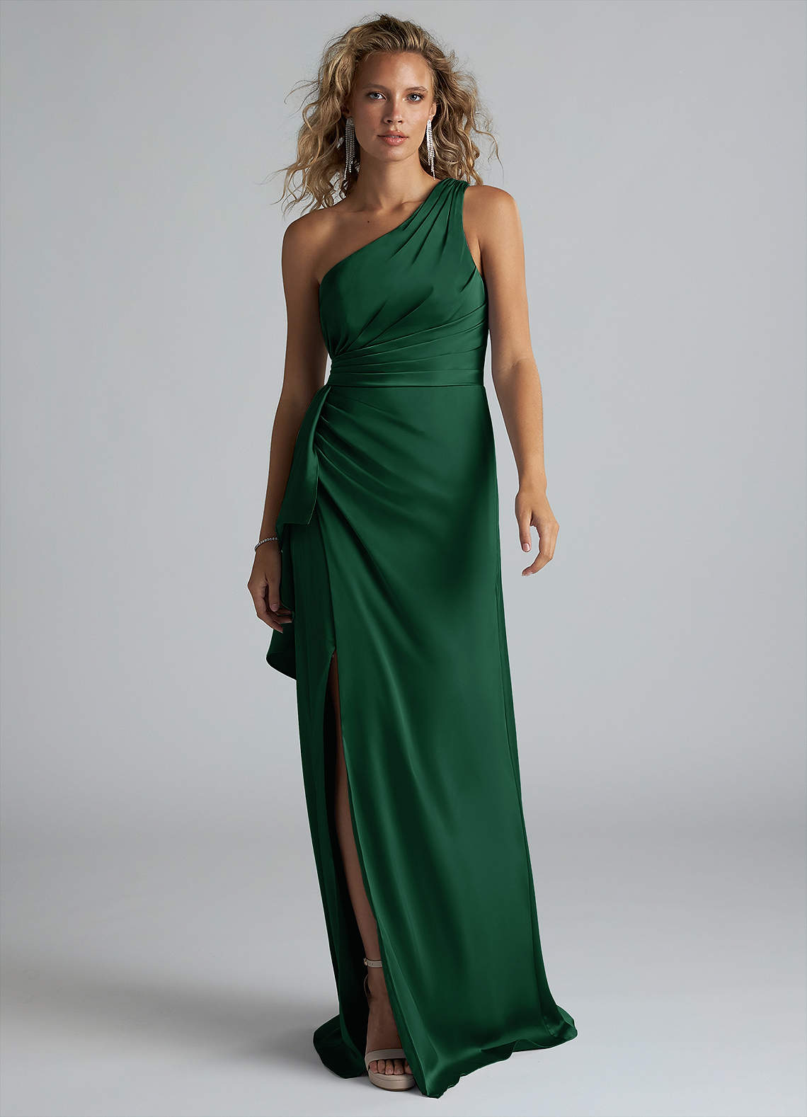 Azazie Maive Bridesmaid Dresses Dark Green Sheath Ruched Stretch Satin Dress image1