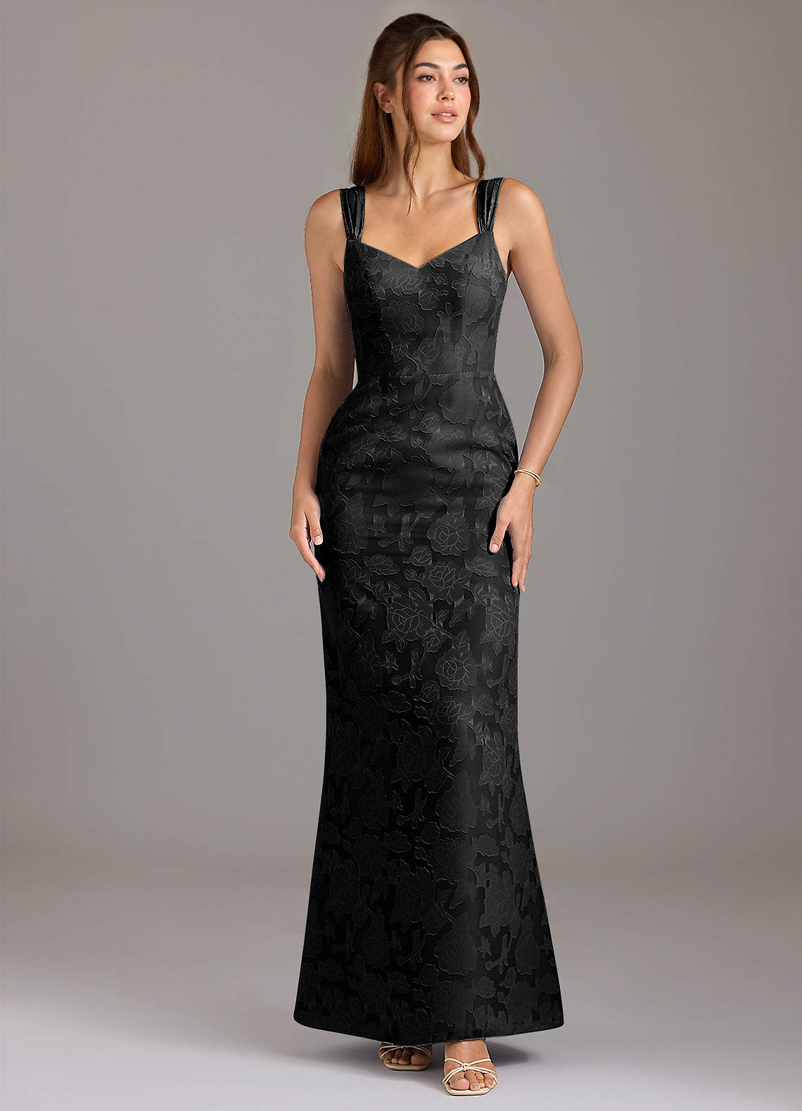 Azazie Denice Vestidos de madrinha de casamento Vestir Preto de Esgotamento Floral de Linha A com Plissado image1