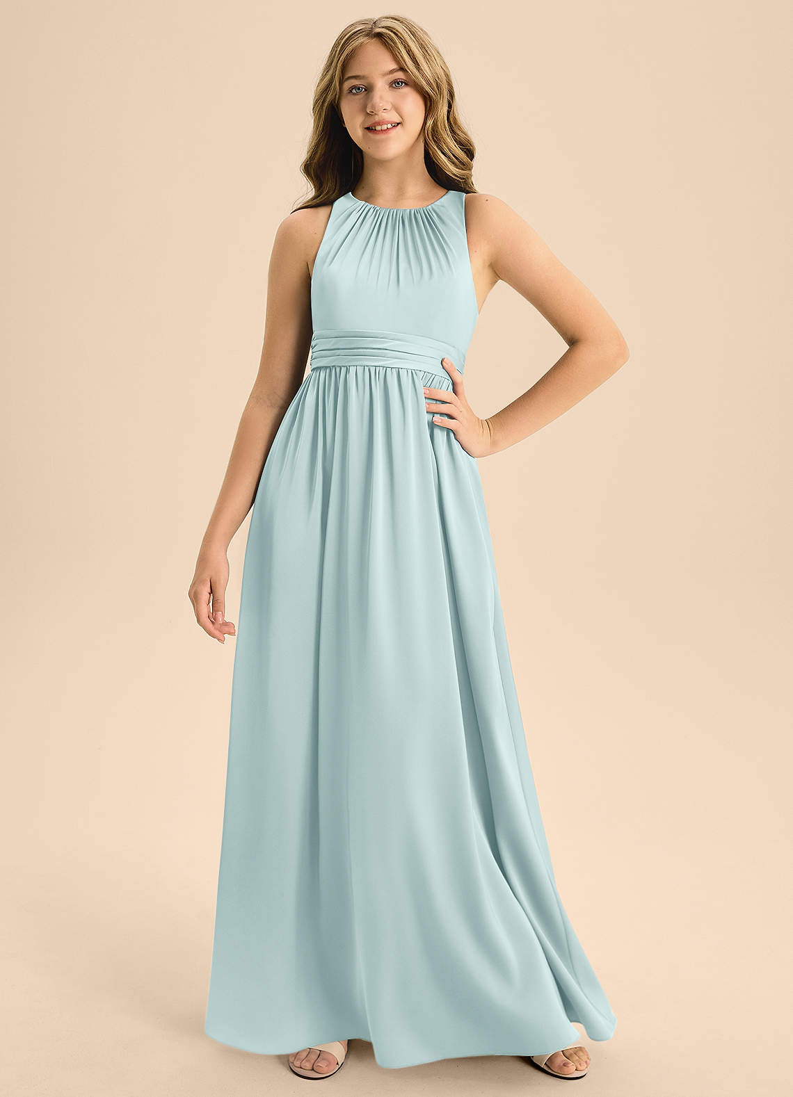 Azazie Jaylah Junior Mist A-Line Pleated Stretch Satin Dress image1