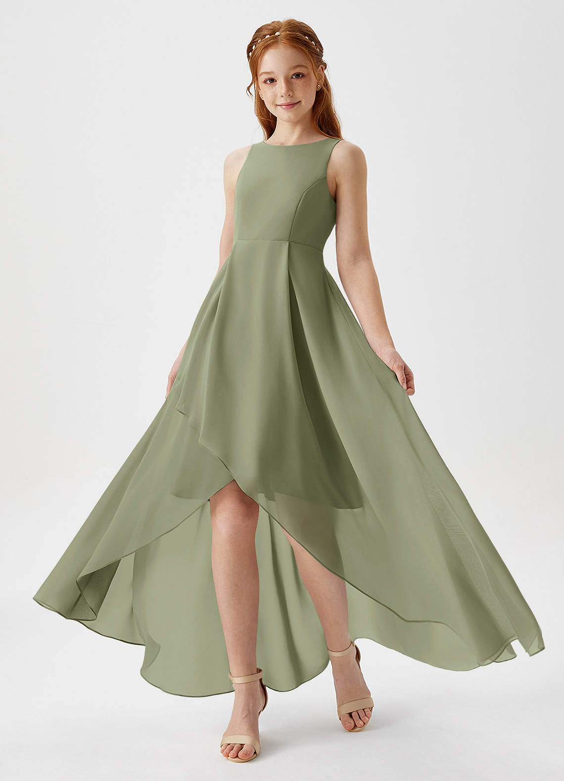 Azazie Lizette Junior Pistachio A-Line Pleated Chiffon Dress image1