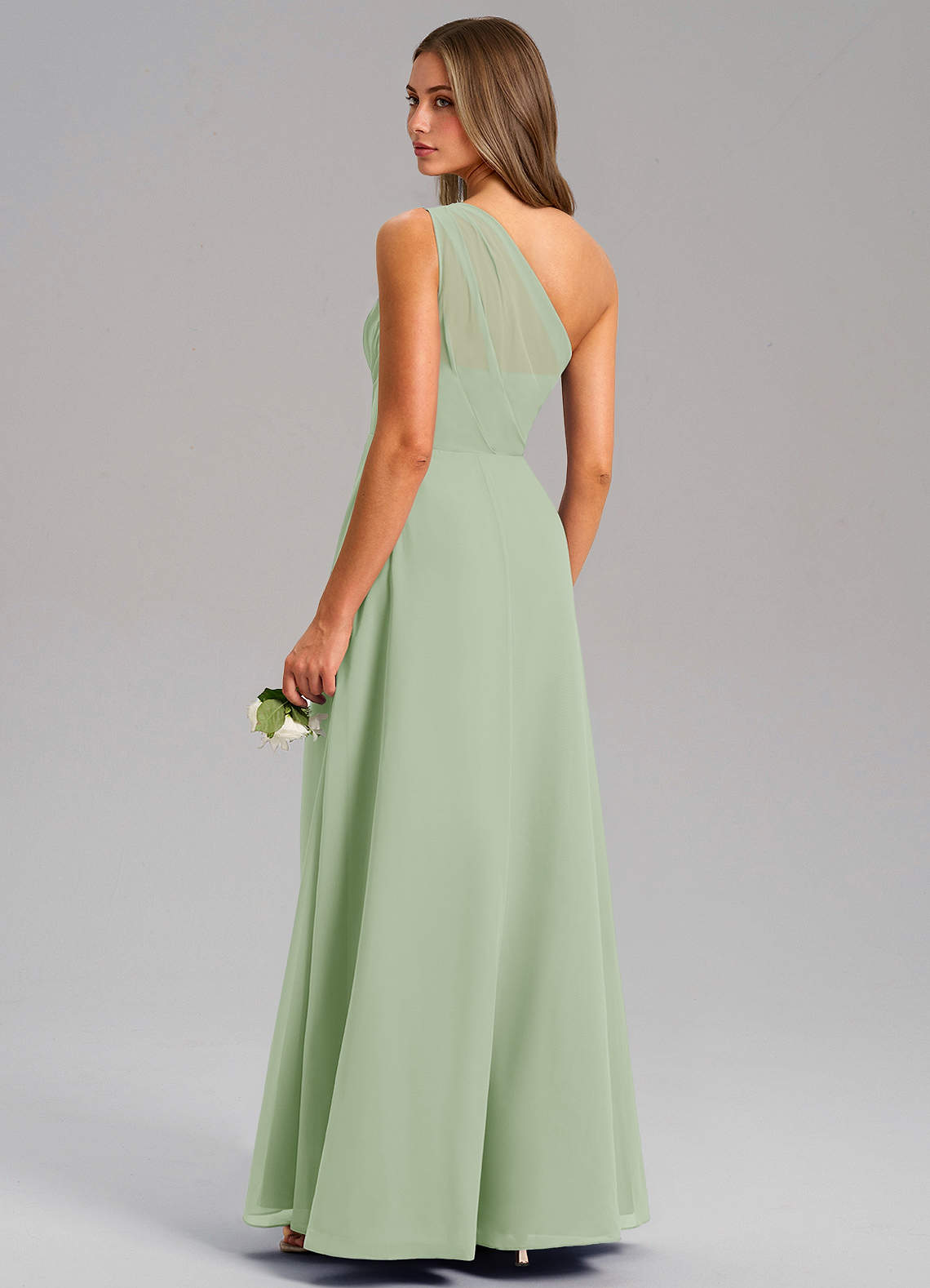 Azazie Phaedra Vestidos de madrinha de casamento Vestido Dusty Sage de Chiffon de Linha A com Um ombro image6