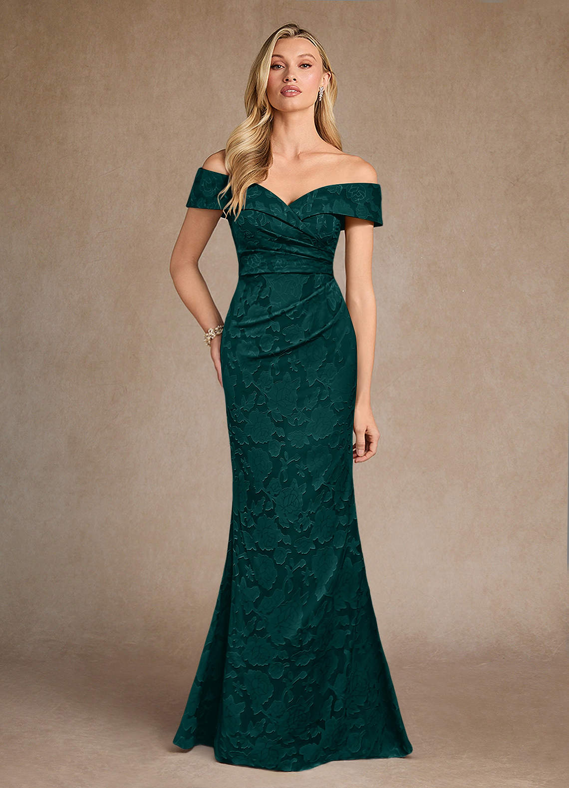 Azazie Canton Mother of the Bride Dresses Pine Mermaid Off the Shoulder Floral Burnout Dress image1