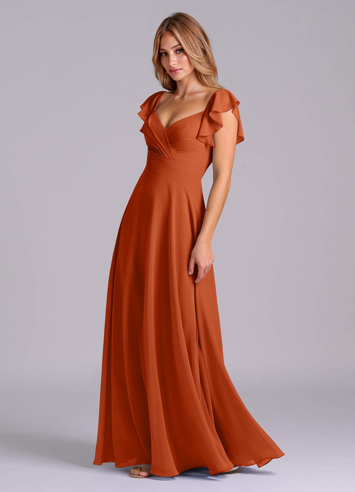 Azazie Leilani Bridesmaid Dresses Burnt Orange A-Line Pleated Chiffon Dress image3