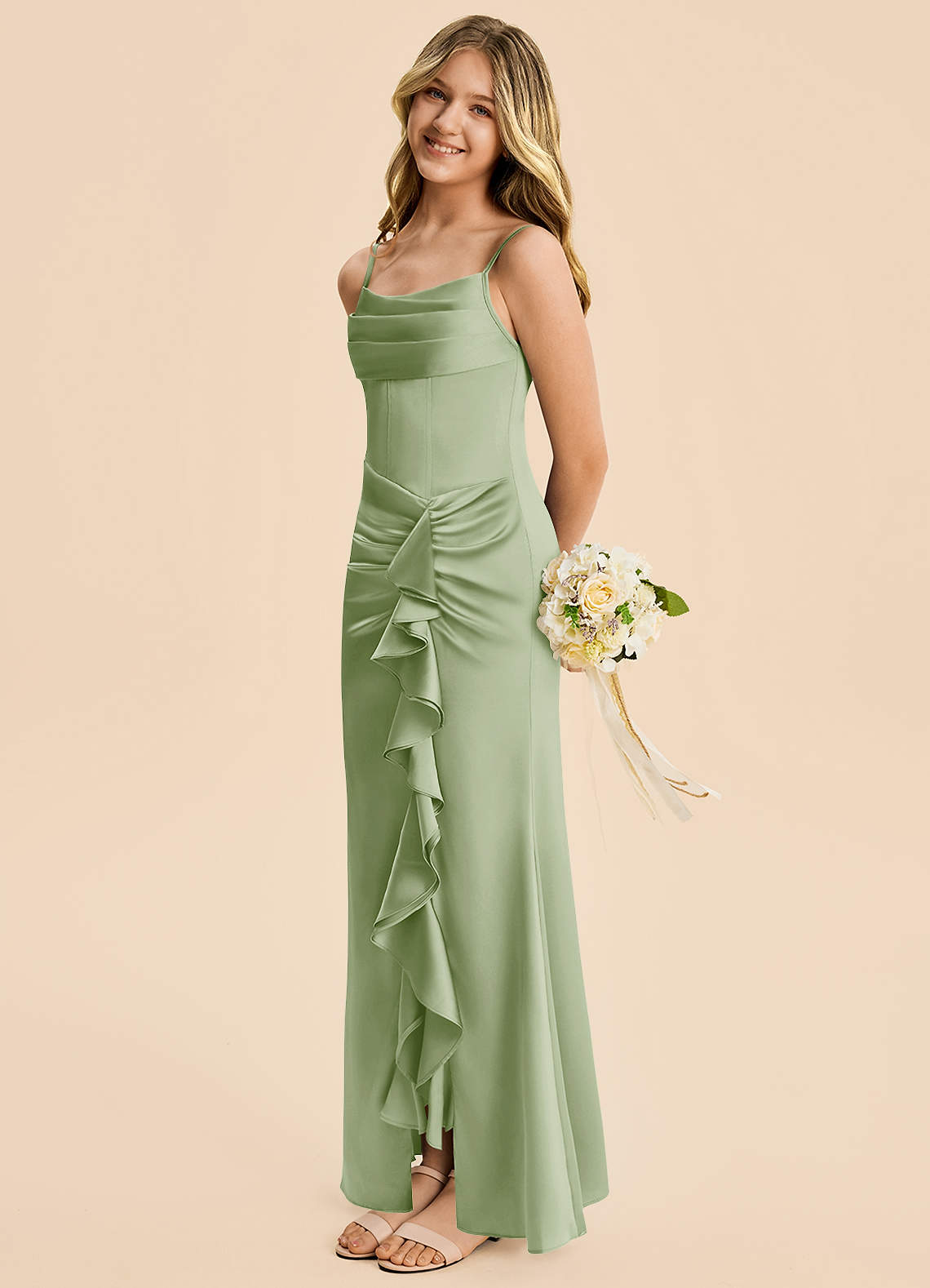 Azazie Rosalia Junior Dusty Sage Sheath Pleated Stretch Satin Dress image3