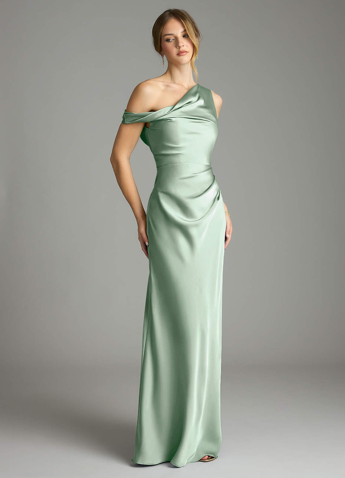 Azazie Emerson Bridesmaid Dresses Agave Mermaid Off the Shoulder Stretch Satin Dress image4