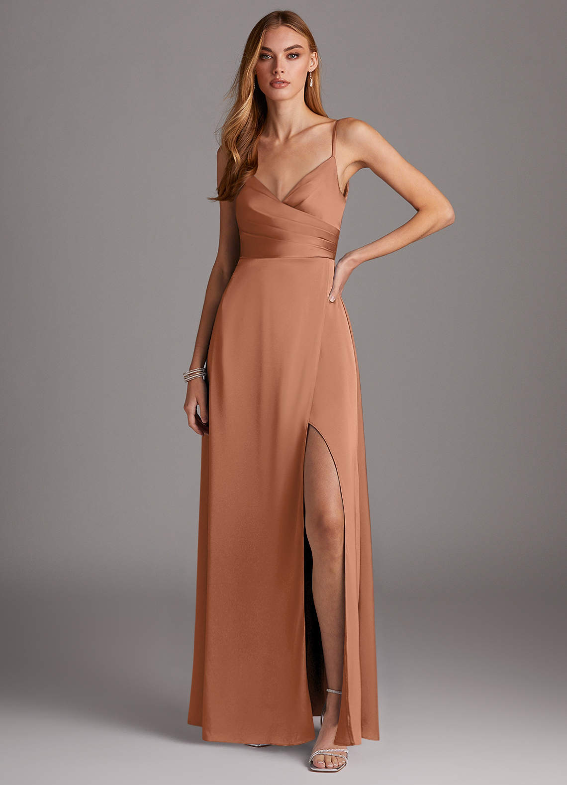 Azazie Calissa Bridesmaid Dresses Bronzer A-Line V-Neck Pleated Stretch Satin Dress image1
