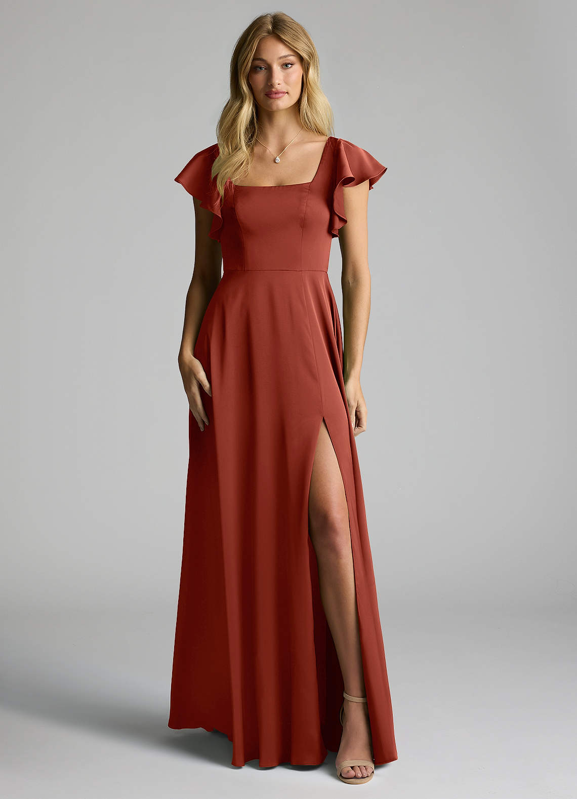 Azazie Bondi Vestidos de madrinha de casamento Vestir Terracota de Cetim elástico de Linha A com Arco image4