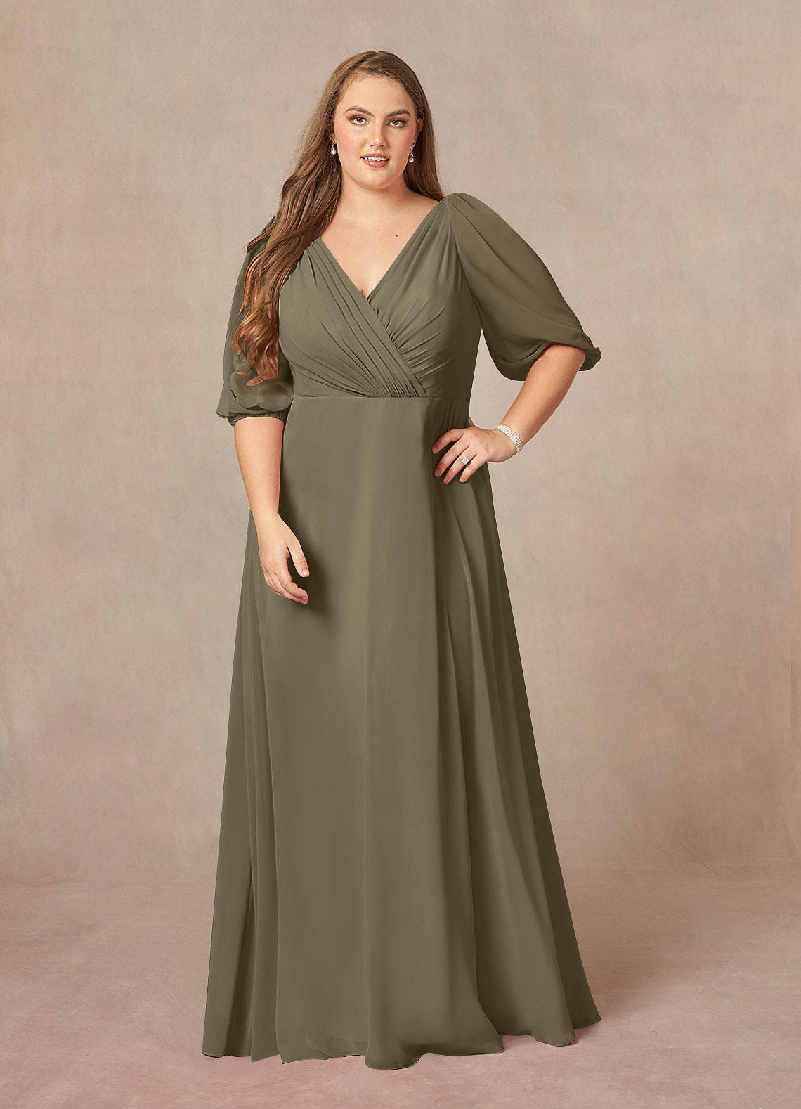 Azazie Bronwyn Mother of the Bride Dresses Willow Green A-Line V-Neck Ruched Chiffon Dress image1
