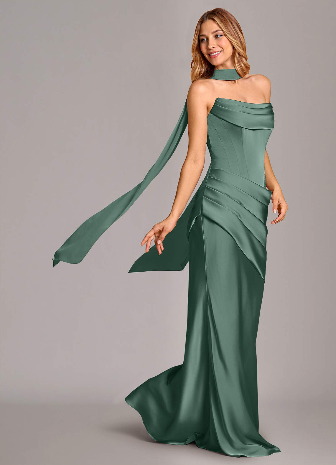 Azazie Pelagia Abiti da Damigella Abito Convertibile Sirena in Raso Elasticizzato Corsetto Eucalipto image1