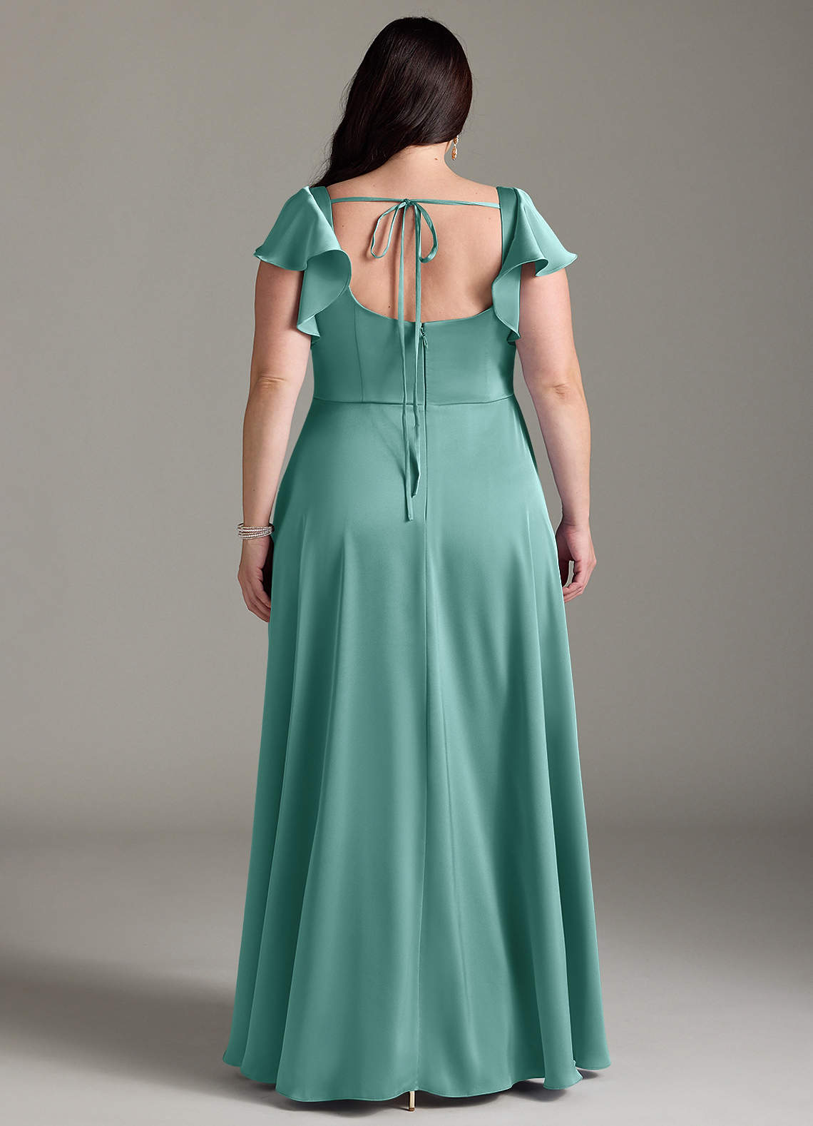 Azazie Bondi Bridesmaid Dresses Aqua A-Line Bow Stretch Satin Dress image6