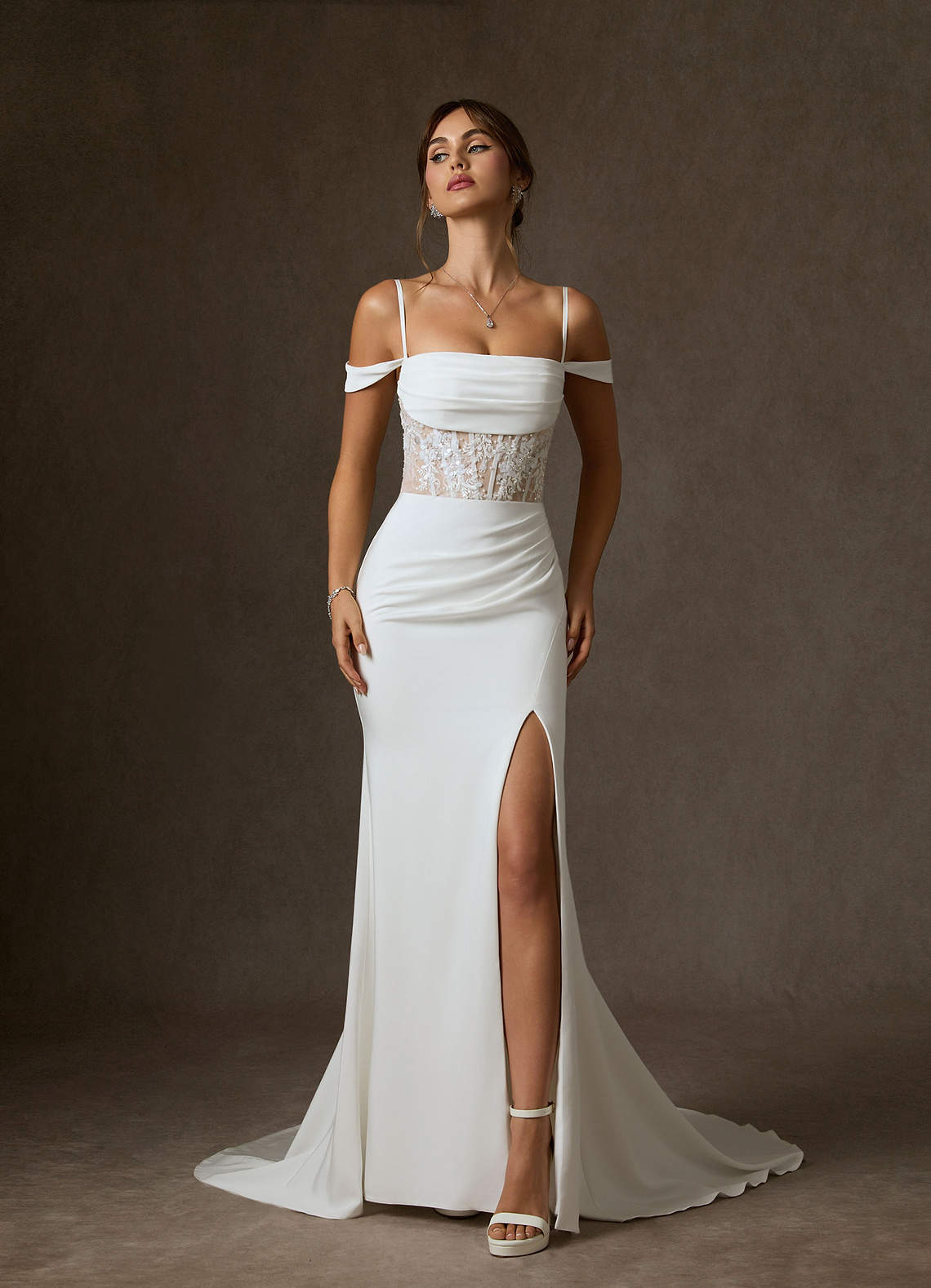 Azazie Alyce Wedding Dresses Diamond White Nude Mermaid Off the Shoulder Crepe Back Satin Dress image8