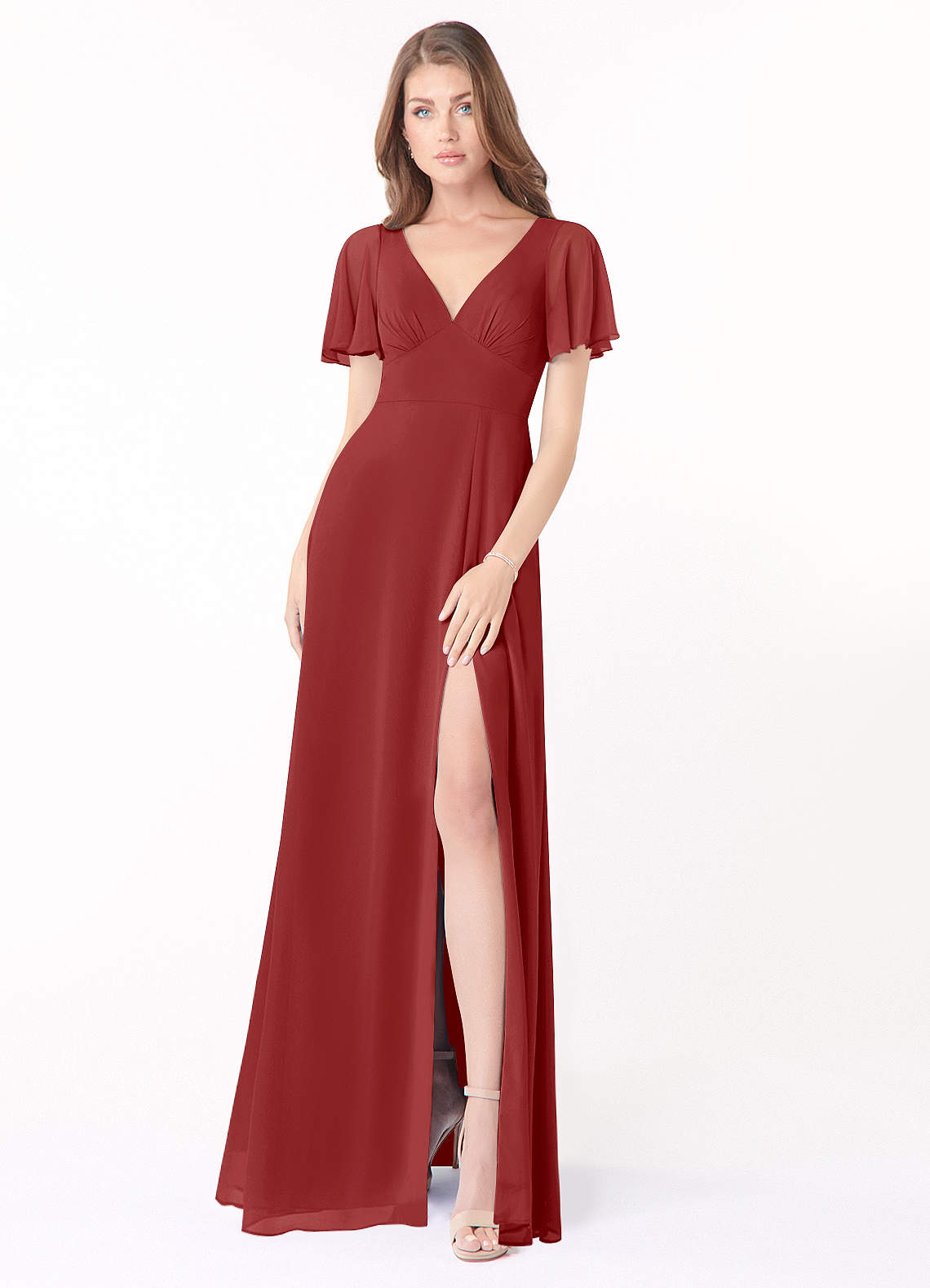 Azazie Kimber Brautjungfernkleider A-Linie Volantärmel Chiffon Kleid Rost image1